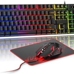 Gaming Keyboard and Mouse Set, UK Layout, RGB Backlit Wired Keyboard, Ergonomic 4-Color LED Gaming Mouse, Large Mousepad, USB Plug & Play for PC, Mac, PS4, Xbox