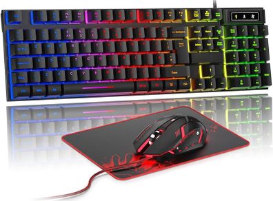 Gaming Keyboard and Mouse Set, UK Layout, RGB Backlit Wired Keyboard, Ergonomic 4-Color LED Gaming Mouse, Large Mousepad, USB Plug & Play for PC, Mac, PS4, Xbox