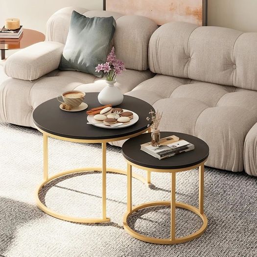 Round Coffee Tables, Set of 2 End Table, Nesting Tables, Side Table Metal Gold Frame for Living Room/Bedroom/Balcony/Office/Apartment, Diameter 23.6/15.7 IN, Black Top, Prevent right angles