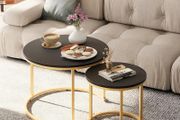 Round Coffee Tables, Set of 2 End Table, Nesting Tables, Side Table Metal Gold Frame for Living Room/Bedroom/Balcony/Office/Apartment, Diameter 23.6/15.7 IN, Black Top, Prevent right angles