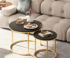 Round Coffee Tables, Set of 2 End Table, Nesting Tables, Side Table Metal Gold Frame for Living Room/Bedroom/Balcony/Office/Apartment, Diameter 23.6/15.7 IN, Black Top, Prevent right angles
