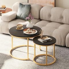 Round Coffee Tables, Set of 2 End Table, Nesting Tables, Side Table Metal Gold Frame for Living Room/Bedroom/Balcony/Office/Apartment, Diameter 23.6/15.7 IN, Black Top, Prevent right angles