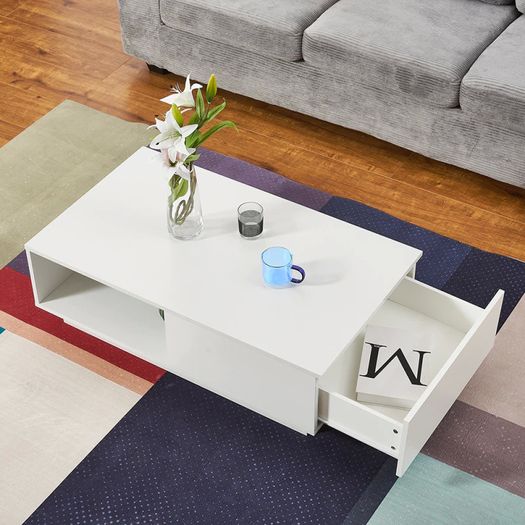 BRAND NEW Coffee Table Rectangle Living Room Storage With RGB LED + Large Drawer White Color