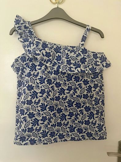 Vintage-Style LC Waikiki Asymmetrical Blue Botanical Ruffle Blouse