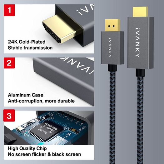 iVANKY 2M DisplayPort (Male) to HDMI (Male) 1080P Gold-Plated/Nylon-Braided Cable (Brand New/Warranty)