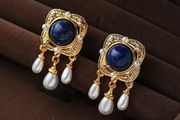 Vintage Style Blue Stone Faux Pearl Drop Gold Earrings
