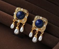 Vintage Style Blue Stone Faux Pearl Drop Gold Earrings