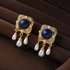 Vintage Style Blue Stone Faux Pearl Drop Gold Earrings