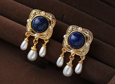 Vintage Style Blue Stone Faux Pearl Drop Gold Earrings