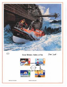 1985 Great Britain Limited Edition Lithographed Print measuring 333mm X 257 showing Safety at Sea Commemorative stamps with First Day of Issue Cancel