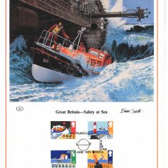 1985 Great Britain Limited Edition Lithographed Print measuring 333mm X 257 showing Safety at Sea Commemorative stamps with First Day of Issue Cancel