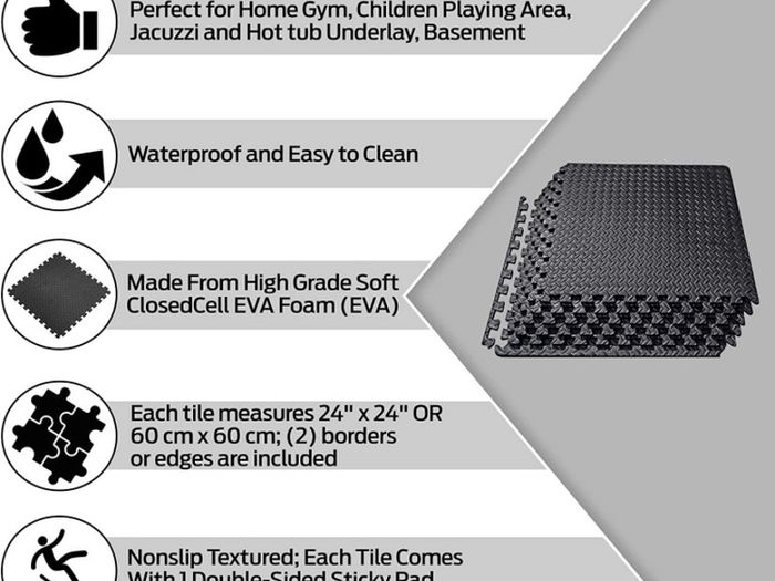 Mat Gym Flooring Mat, Foam Exercise Mats, Interlocking Puzzle EVA Floor Tiles, Non slip Rubber Cushion For Home Workout, Bonus Adhesives,24X24 Inch 16 Pack