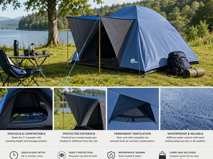 Tent  3  Person Dome Tent Sun Canopy Entrance Ventilation Waterproof 3000mm