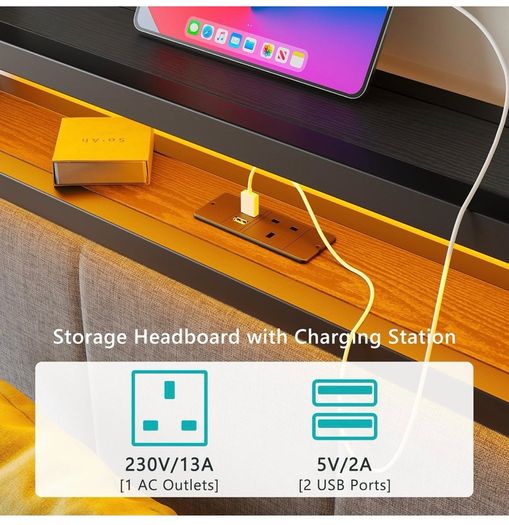 3FT Single Bed Frame with LED Lights and Charging Station, Heavy