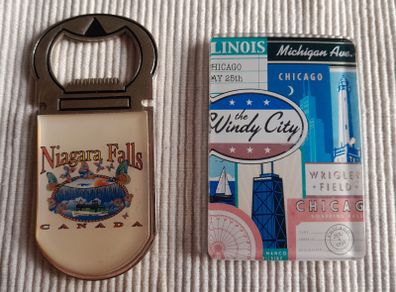 Fridge magnets: Chicago and Niagara Falls with bottle opener