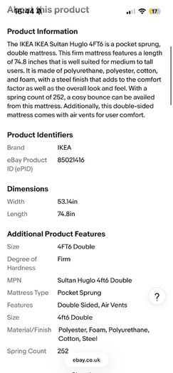 Ikea Sultan Huglo Double Mattress