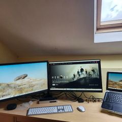 Complete Desk Setup: 2x 27" Monitors + BONTEC Dual Arm Stand + StarTech USB Dock + Laptop Stand + Keyboard & Mouse + Cables