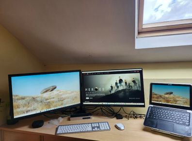 Complete Desk Setup: 2x 27" Monitors + BONTEC Dual Arm Stand + StarTech USB Dock + Laptop Stand + Keyboard & Mouse + Cables