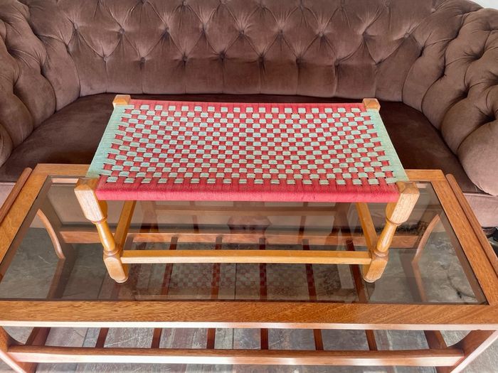 Rare Vintage Long Sugan Style Ottoman Stool Bench Woven with Red Green Cotton Rope