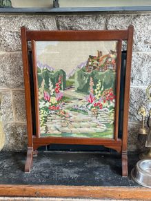 Antique mid century embroidered fire screen