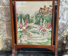 Antique mid century embroidered fire screen