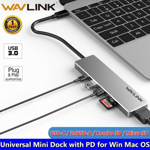 Wavlink USB-C Travel Universal Mini Dock USB Hub & HDMI UHD/4K@30Hz & TF/SD Card Reader & PD Power Adapter (UHP3407) (Brand New/Warranty)