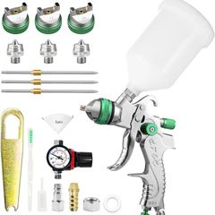 Spray Gun Paint Sprayer HVLP Gravity Feed Air Spray with Air Regulator 1.4/1.7/2.0mm Paint Gun for Car & House DIY Painting, Furniture, Fence Painting (Green)