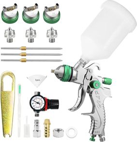 Spray Gun Paint Sprayer HVLP Gravity Feed Air Spray with Air Regulator 1.4/1.7/2.0mm Paint Gun for Car & House DIY Painting, Furniture, Fence Painting (Green)