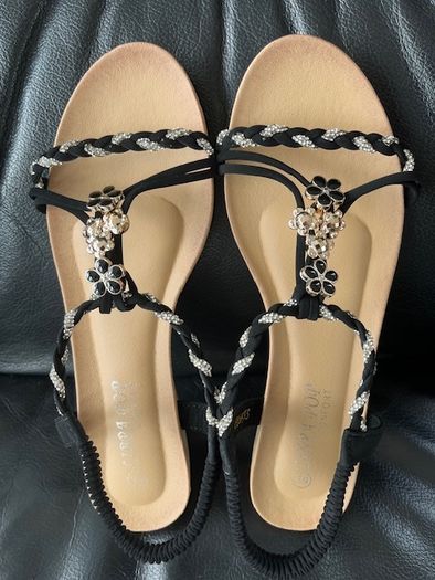 SANDALS. Libra Pop brand- Embellished With Black, Gold & Silver charms. Ultra Comfortable. Size Uk 6 Eu 39 Purchased In Toulouse. Brand New In Box.