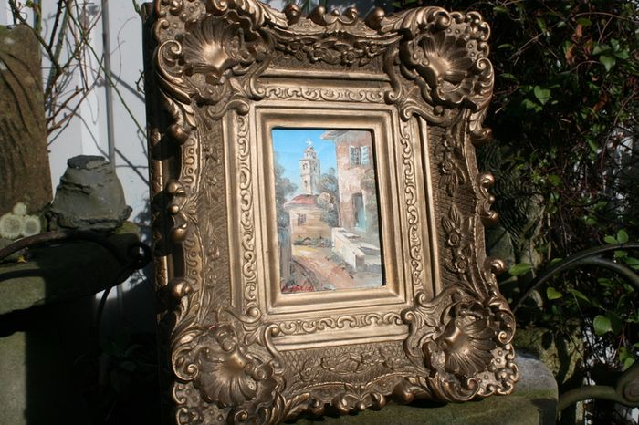 Antique Small oil on canvas painting and gold Louis Style French Deluxe Antique Frame (13,5" x 15,5")