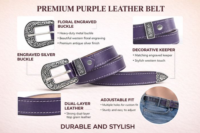 Unisex Premium Purple Genuine Leather Belt Vintage Engraved Silver Buckle