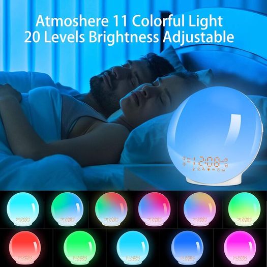 Alarm Clocks, Wake Up Light with Sunrise/Sunset Simulation Dual Alarms Bedside Night Lamp Snooze Function FM Radio 7 Natural Sound 11 Colorful Atmosphere Lamp