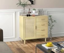 Rattan sideboard with caned-door cabinets and 4 drawers, 80 x 38 x 80.5 cm, natural wood effect