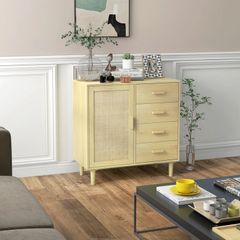 Rattan sideboard with caned-door cabinets and 4 drawers, 80 x 38 x 80.5 cm, natural wood effect