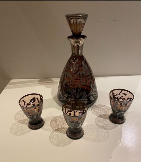 Amethyst Silver Decorated Decanter VINTAGE    With Three Matching Glasses