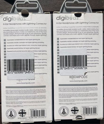 2 Brand new still in box BOOMPODS digibuds in ear headphones with lightning connector. RRP 39.95 each. Price is 35 for both inclusive of registered post charges