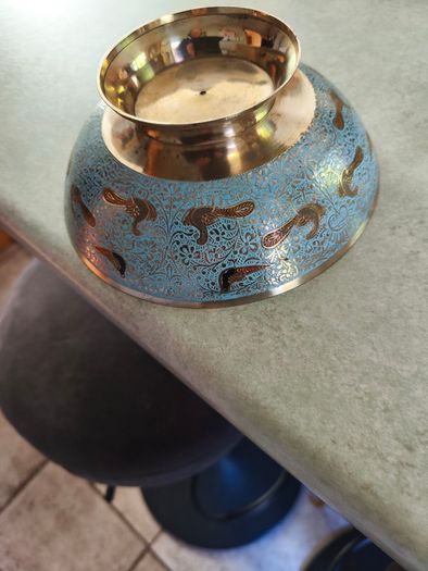 Antique Enamel Cloisonne Brass Footed Bowl - Asian Motif -  Art Nouveau Decor.