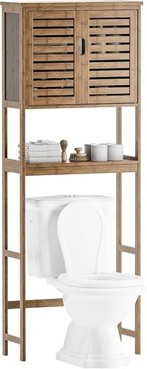 Bathroom Storage Shelf with Cabinet, Bamboo Over-The-Toilet Organizer Rack, Freestanding Toilet Space Saver with 3-Tier Adjustable Shelves Walnut