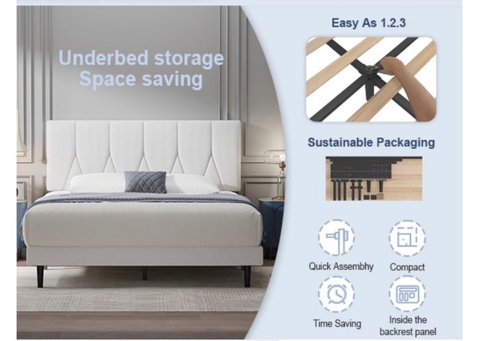King Bed Frame, White, Upholstered Wooden Slat Bed Frame with Headboard, Easy Assembly, Underbed Storage, No Box Spring Needed 150x200