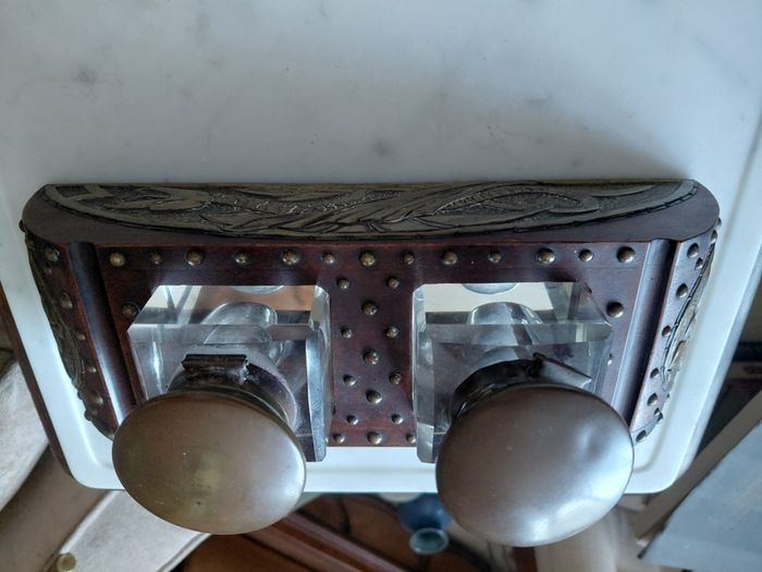 Antique double ink well desk stand