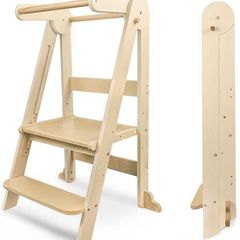 Foldable Learning Tower with 3 Adjustable Heights & Safety Rails Wooden