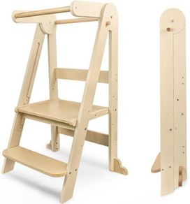Foldable Learning Tower with 3 Adjustable Heights & Safety Rails Wooden