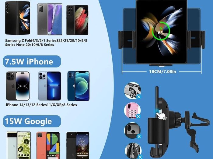 Dual Coils Fast Wireless Car Charger, LAMJAD 15W Smart Qi Car Mount Phone Holder for Air Vent&Dashboard, Compatible with Galaxy z Fold 5/4/3/2/13 Series/iPhone 8/X/11/12 Series/Pixel 6/Samsung S22 Ultra