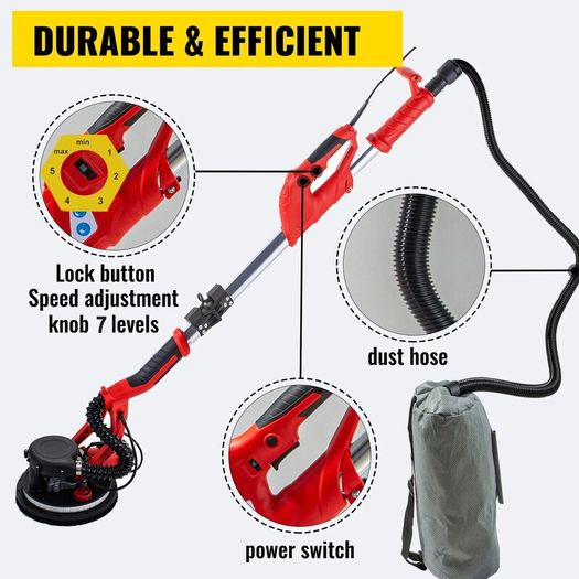 Electric Drywall Sander 750W Foldable Sheetrock Sander, with Telescope Handle, Electric Sander, Variable Speed 800-1750 RPM, Wall Sander, with LED Strip Light and Vacuum Bag