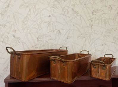 Vintage Graduated Copper Planter Set Set of 3 Brass Handled Jardinieres Cachepots
