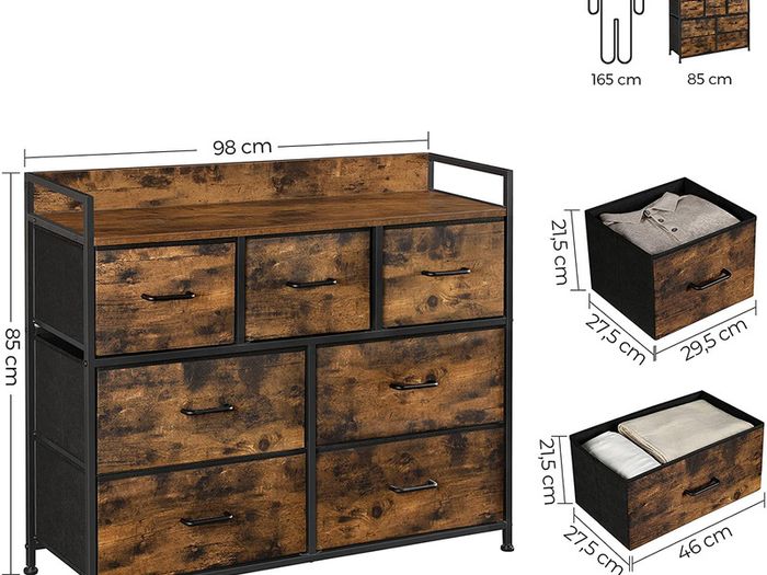 Fabric Dresser, Storage Cabinet, with 7 Drawers, 3 Tiers, with Metal Handles, Industrial Style, Rustic Brown and Black
