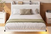 Floating Double Metal Bed Frame with LED Lights &amp; USB Charging Station,135x190cm Metal Platform Bed Frame with 4ft6 Upholstered Headboard Storage,Heavy Duty Metal Slats,Noise Free/Shiny White