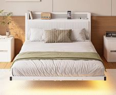 Floating Double Metal Bed Frame with LED Lights & USB Charging Station,135x190cm Metal Platform Bed Frame with 4ft6 Upholstered Headboard Storage,Heavy Duty Metal Slats,Noise Free/Shiny White