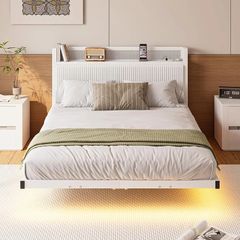 Floating Double Metal Bed Frame with LED Lights & USB Charging Station,135x190cm Metal Platform Bed Frame with 4ft6 Upholstered Headboard Storage,Heavy Duty Metal Slats,Noise Free/Shiny White