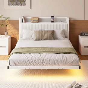 Floating Double Metal Bed Frame with LED Lights & USB Charging Station,135x190cm Metal Platform Bed Frame with 4ft6 Upholstered Headboard Storage,Heavy Duty Metal Slats,Noise Free/Shiny White